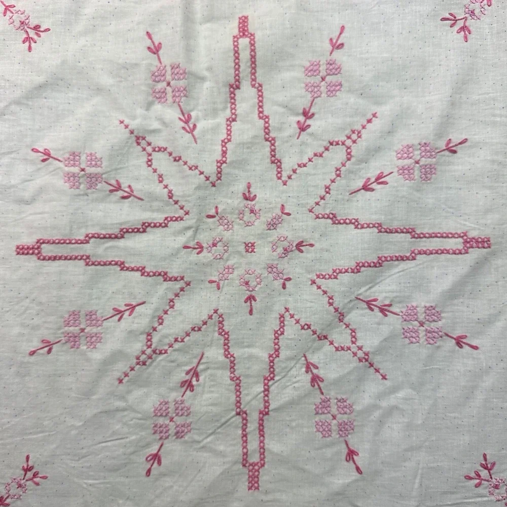 Vtg‎ Pink Cross Stitch Quilt Blocks Embroidery Star Floral Unfinished Lot 18x18